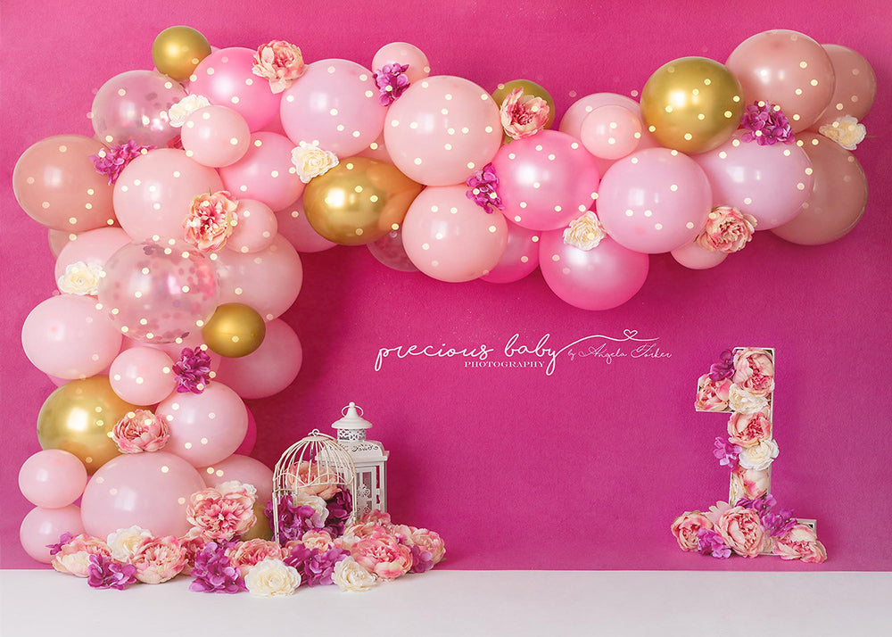 Toile de fond pour photographie de fête de ballons roses Avezano d'un an conçue par Angela Forker