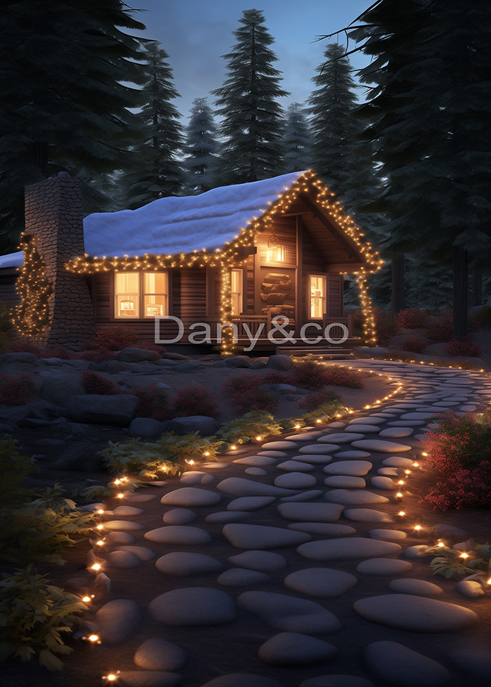 Avezano Wooden House in the Winter Forest Photography Backdrop Designed By Danyelle Pinnington