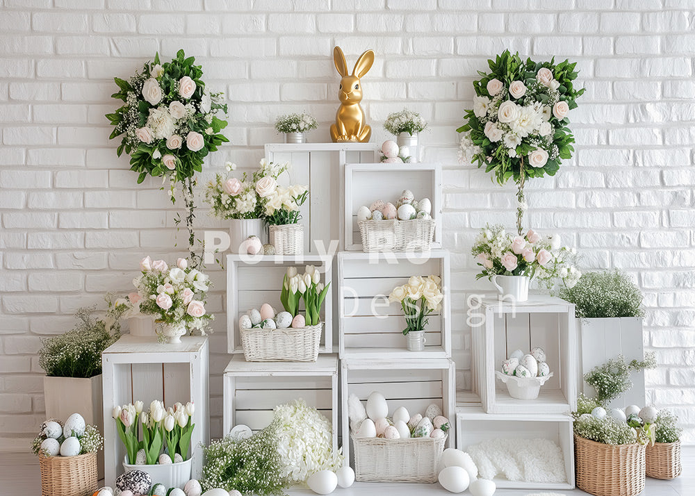 Toile de fond pour photographie de lapin doré sur mur blanc de Pâques d'Avezano conçue par Polly Ro Design