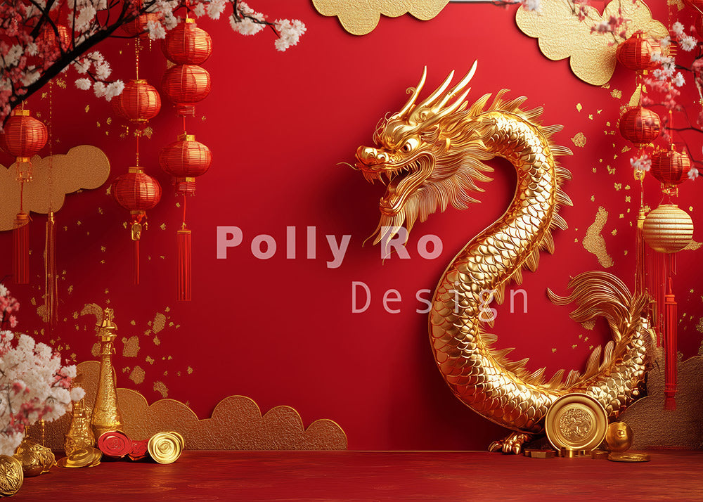 Lanternes du Nouvel An d'Avezano et toile de fond pour photographie de dragons dorés conçue par Polly Ro Design