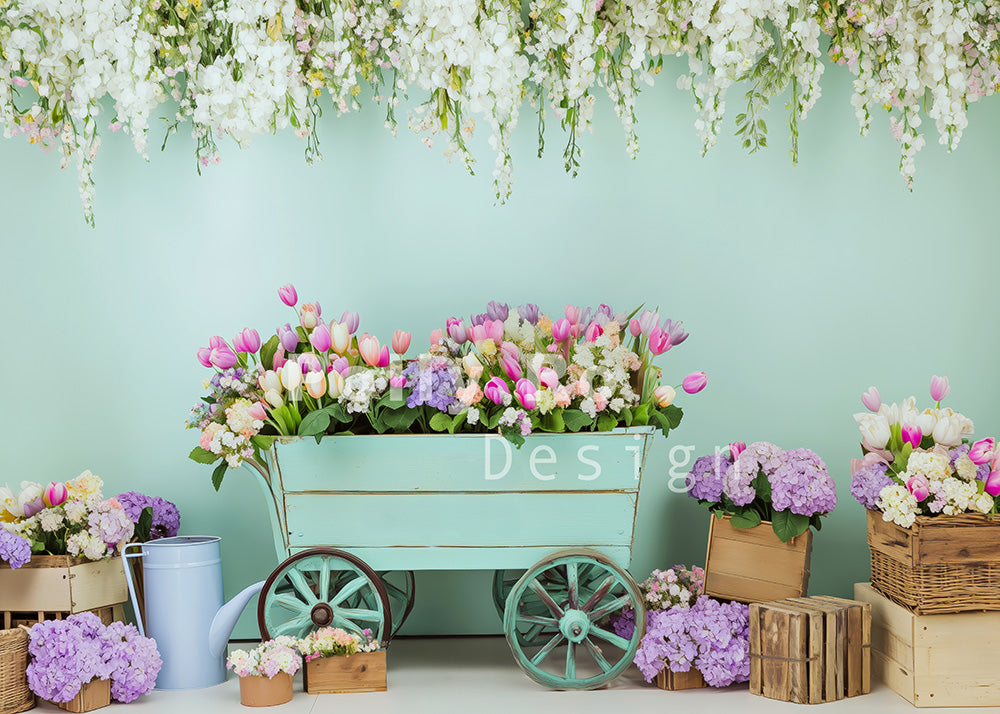 Avezano Une voiture pleine de tulipes au printemps Toile de fond pour photographie conçue par Polly Ro Design