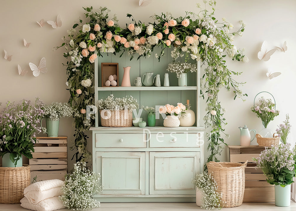 Avezano Light Green Easter Cabinet and Flowers Photography Backdrop Designed By Polly Ro Design
