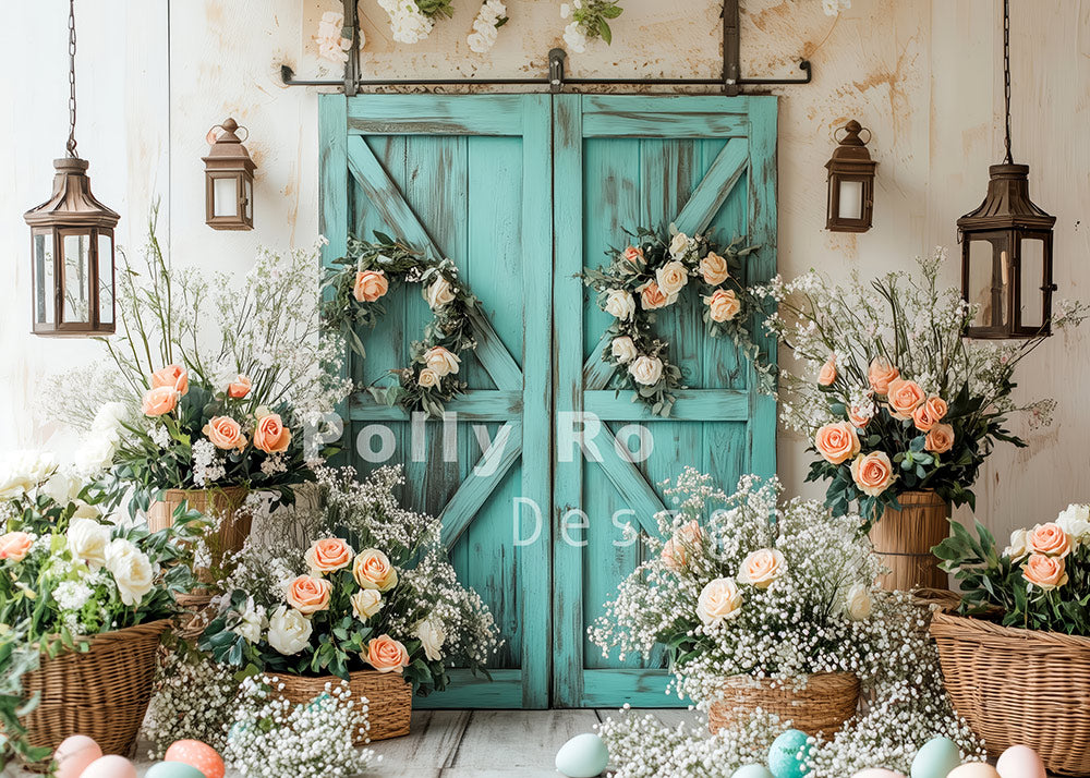 Avezano Blue Wooden Door and Roses Photography Backdrop Designed By Polly Ro Design