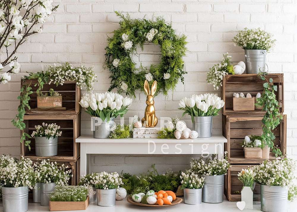 Avezano Easter Wreaths and the Golden Rabbit Photography Backdrop Designed By Polly Ro Design