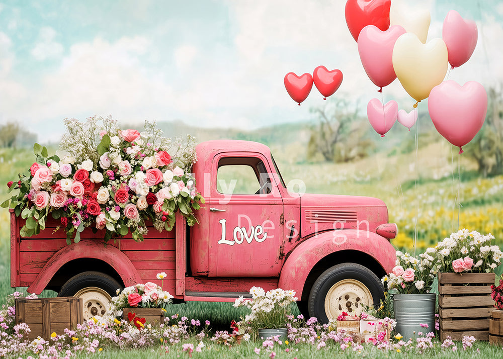 Avezano Valentine's Day Pink Pickup Truck and Roses Photography Backdrop Designed By Polly Ro Design