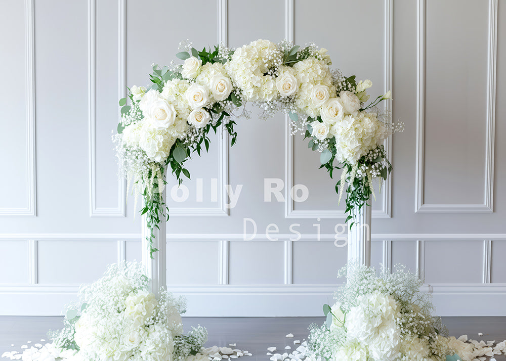Toile de fond pour photographie d'arche de fleurs blanches printanières d'Avezano conçue par Polly Ro Design