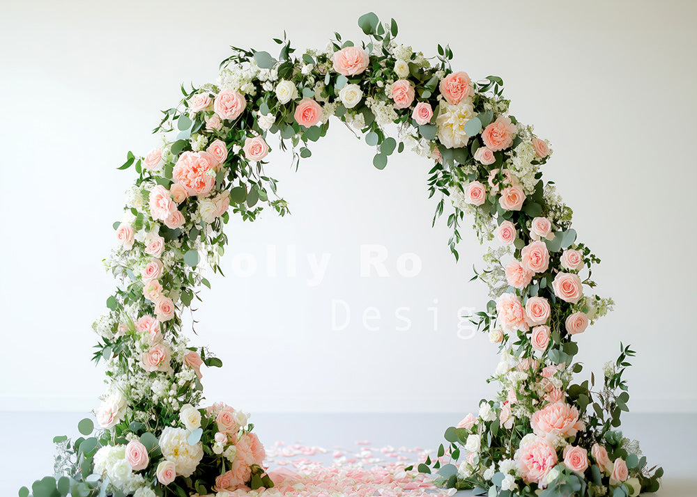 Toile de fond pour photographie d'arche de roses roses et de feuilles vertes d'Avezano conçue par Polly Ro Design