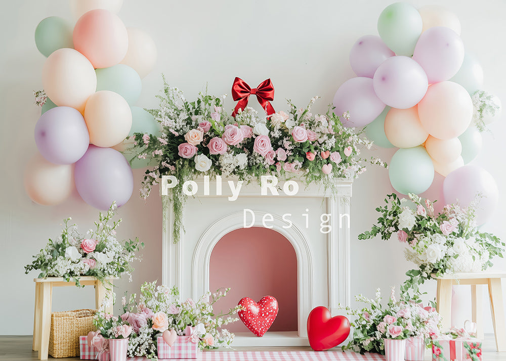 Avezano Balloon Roses and Fireplace Photography Backdrop Designed By Polly Ro Design