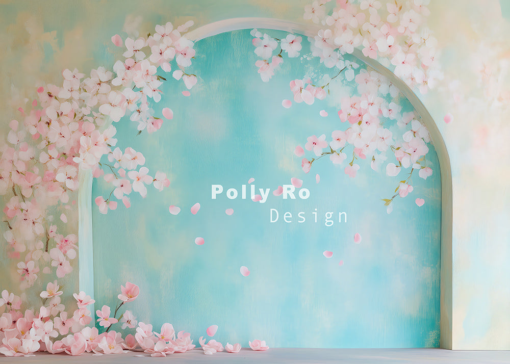 Avezano Pink Cherry Blossoms and Arches Photography Backdrop Designed By Polly Ro Design