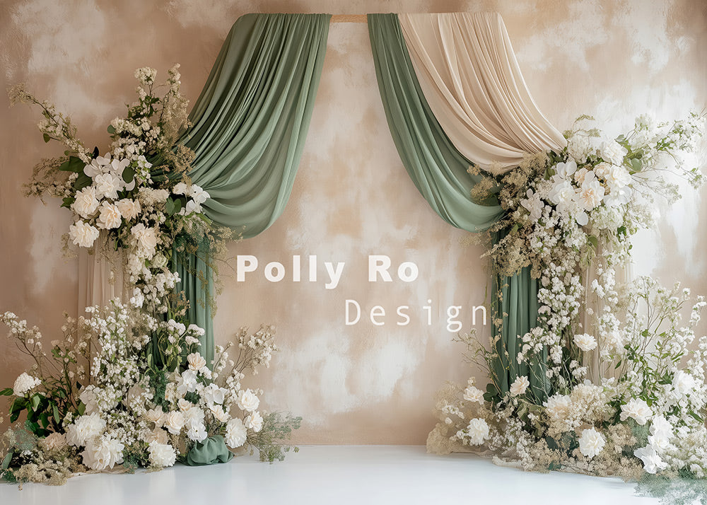 Avezano Bohemian White Flowers and curtains Photography Backdrop Designed By Polly Ro Design