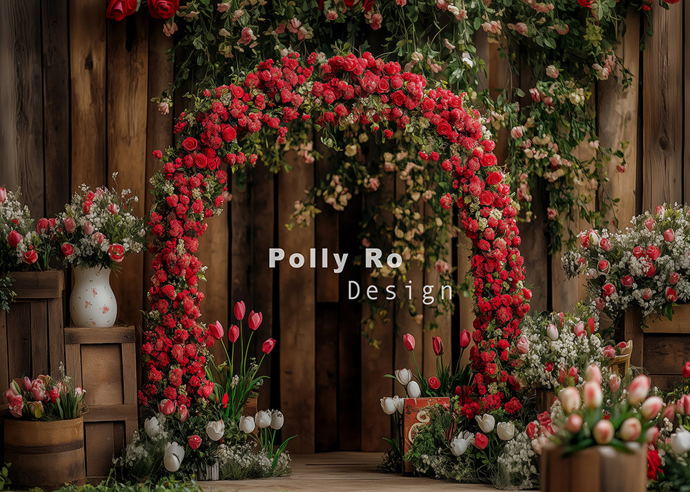 Avezano Valentine's Day Wooden Door and Rose Arch Photography Backdrop Designed By Polly Ro Design