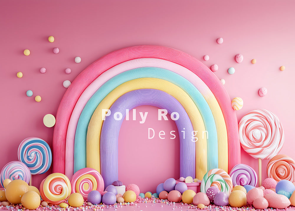Toile de fond pour photographie Avezano Rainbow Candy Pink Cakesmash conçue par Polly Ro Design