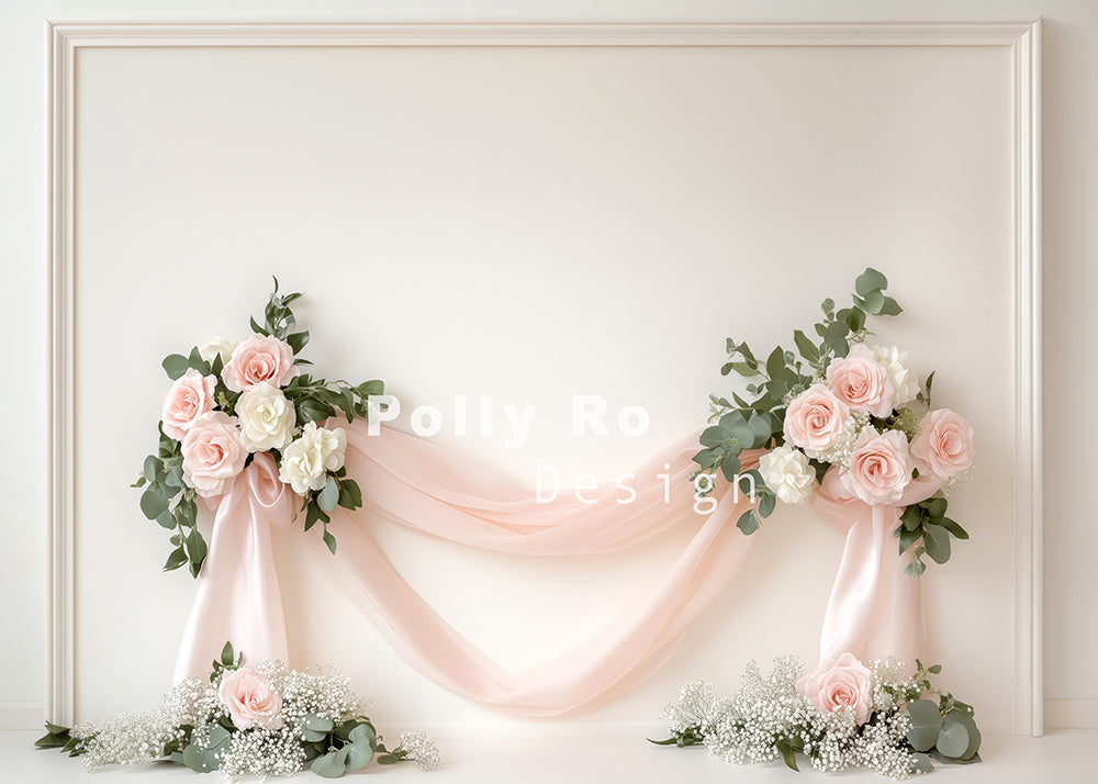 Avezano Boho White Wall and Pink Rose Photography Backdrop Designed By Polly Ro Design