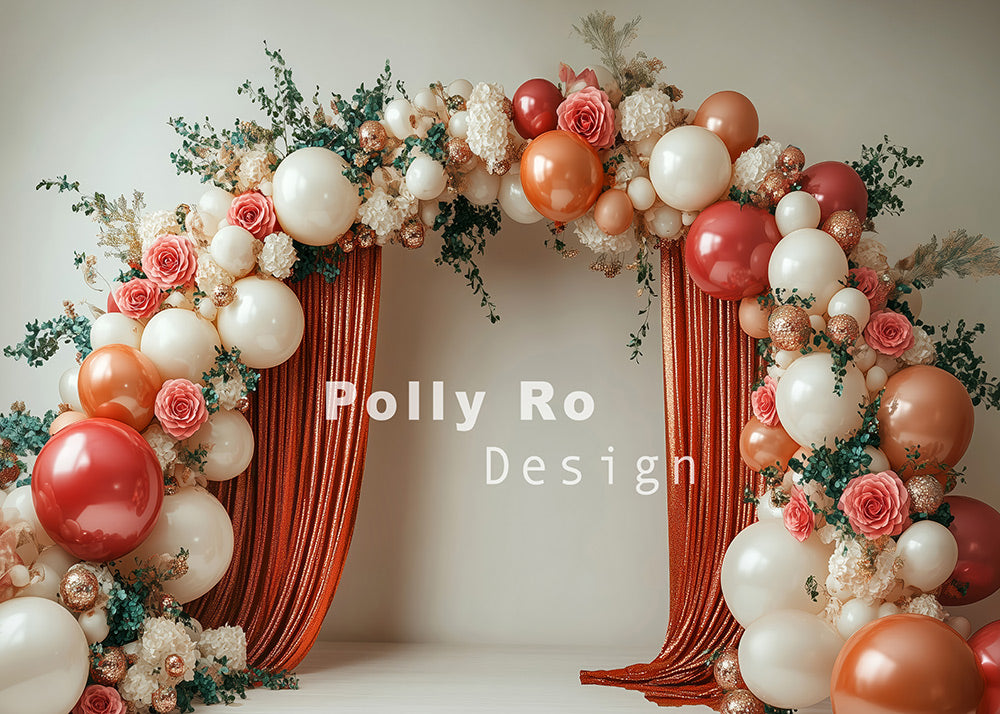 Avezano Bohemian Flowers and Balloon Arches Birthday Photography Backdrop Designed By Polly Ro Design