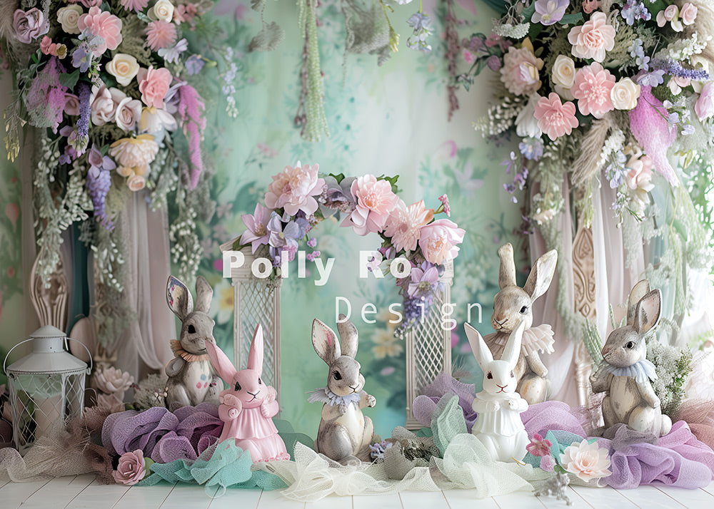 Avezano Easter Purple Bunny and Flowers Party Photography Backdrop Designed By Polly Ro Design