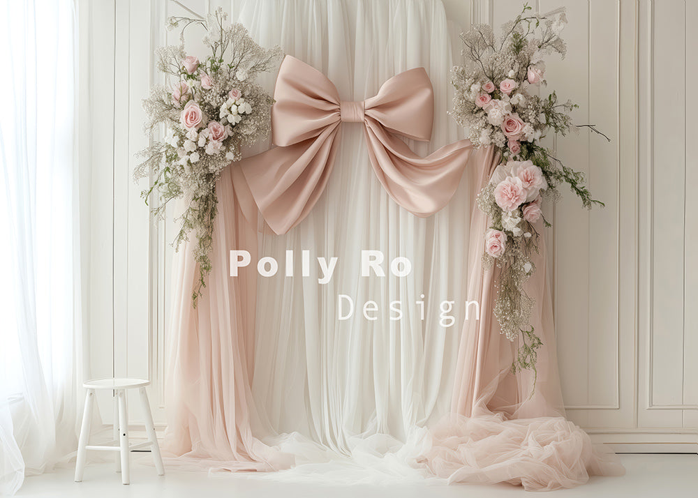 Avezano Boho White Window Coverings and Pink Bows Photography Backdrop Designed By Polly Ro Design