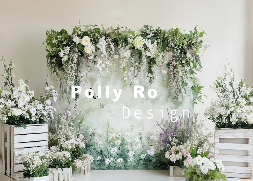 Avezano Spring Arch with White Flowers and Vines Photography Backdrop Designed By Polly Ro Design