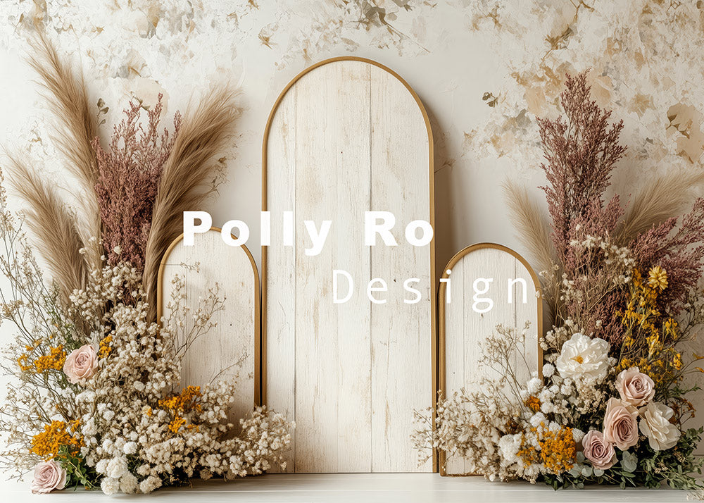 Avezano Elegant Wooden Arch with Dried Flower Arrangements Photography Backdrop Designed By Polly Ro Design
