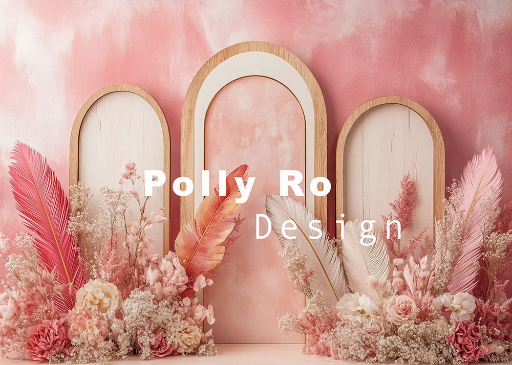 Avezano Arched Frames and Delicate Floral - Feather Arrangement Photography Backdrop Designed By Polly Ro Design