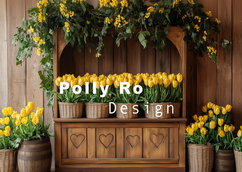 Avezano Heart - carved Cabinet and Baskets of Yellow Tulips Photography Backdrop Designed By Polly Ro Design