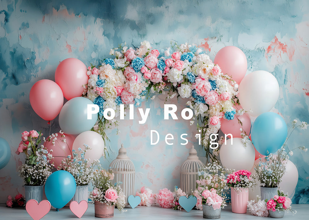 Avezano Pastel Themed Floral and Balloon Arch Photography Backdrop Designed By Polly Ro Design