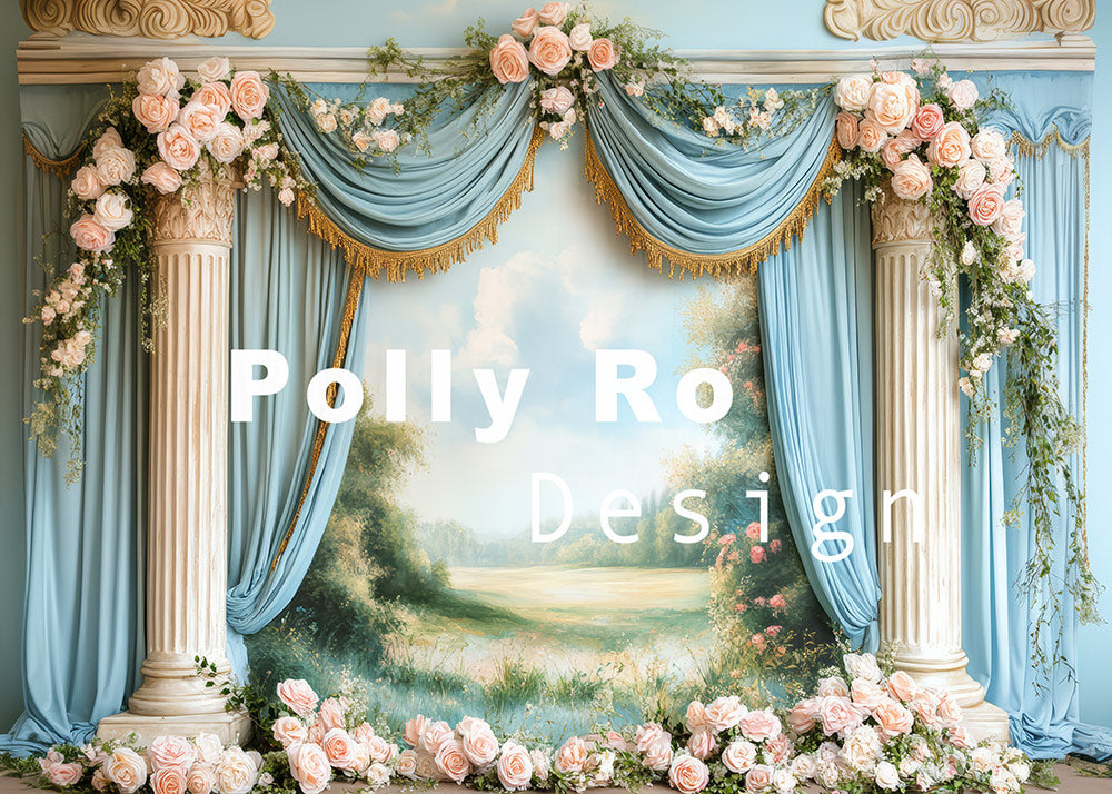 Avezano Column Framed Floral Display and Pastel Photography Backdrop Designed By Polly Ro Design