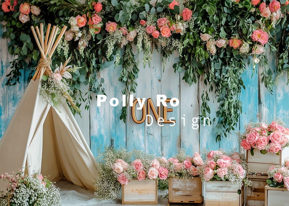 Avezano Sweet One Year old Celebration Greenery Roses and a Cozy Teepee Photography Backdrop Designed By Polly Ro Design