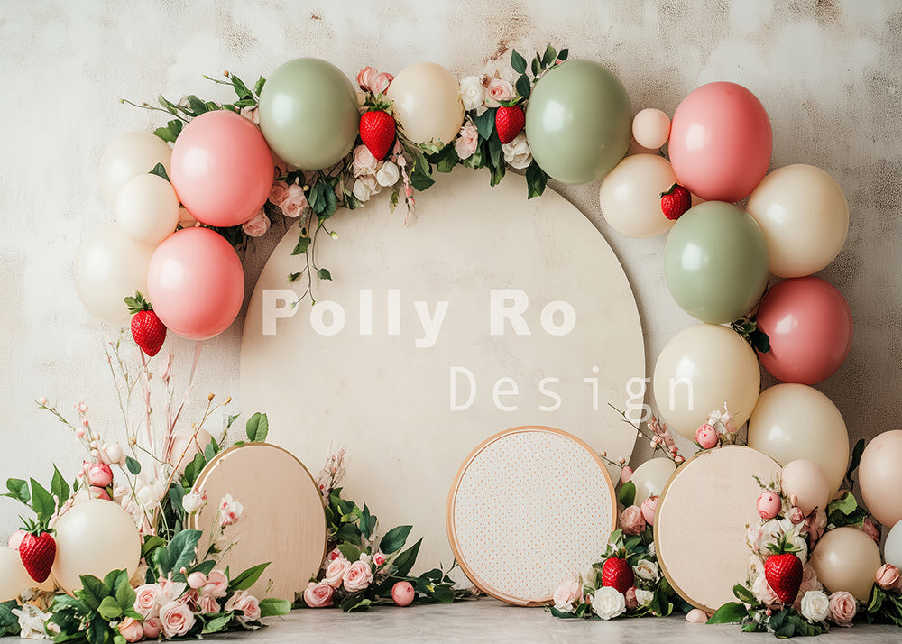 Avezano Colorful Balloons And Round Plates With Flowers And Strawberries Photography Backdrop Designed By Polly Ro Design