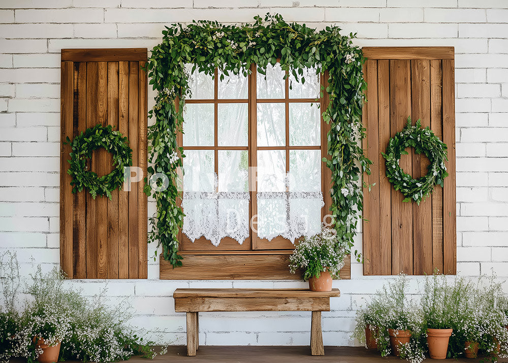 Avezano Green Wreath And Wooden Door Photography Backdrop Designed By Polly Ro Design