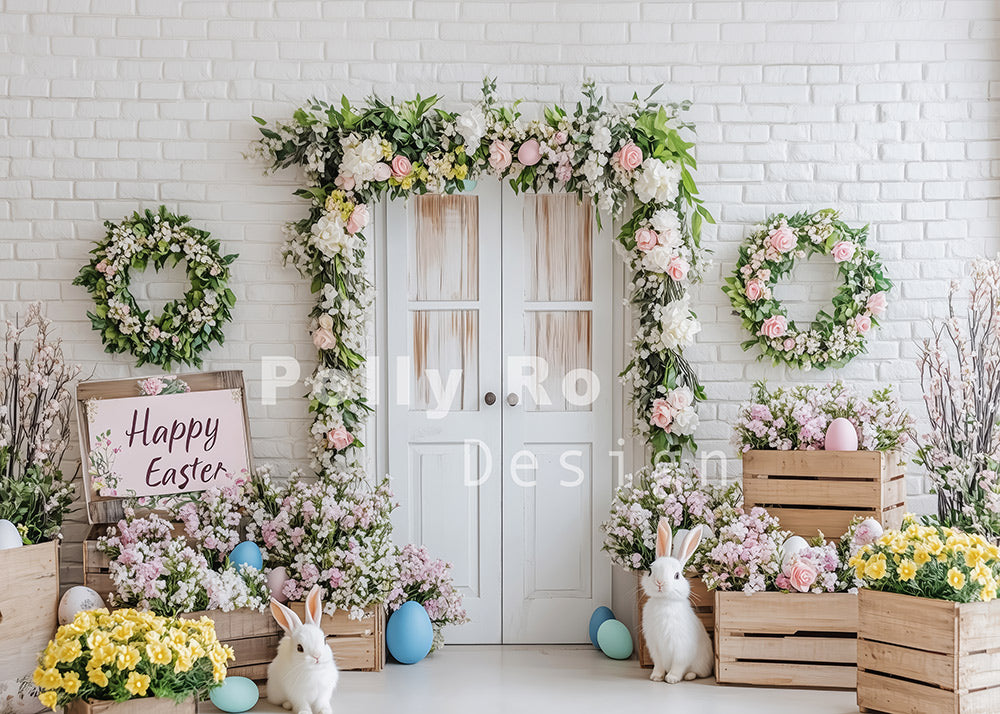 Avezano Happy Easter Cute Bunny And Beautiful Wreath Photography Backdrop Designed By Polly Ro Design