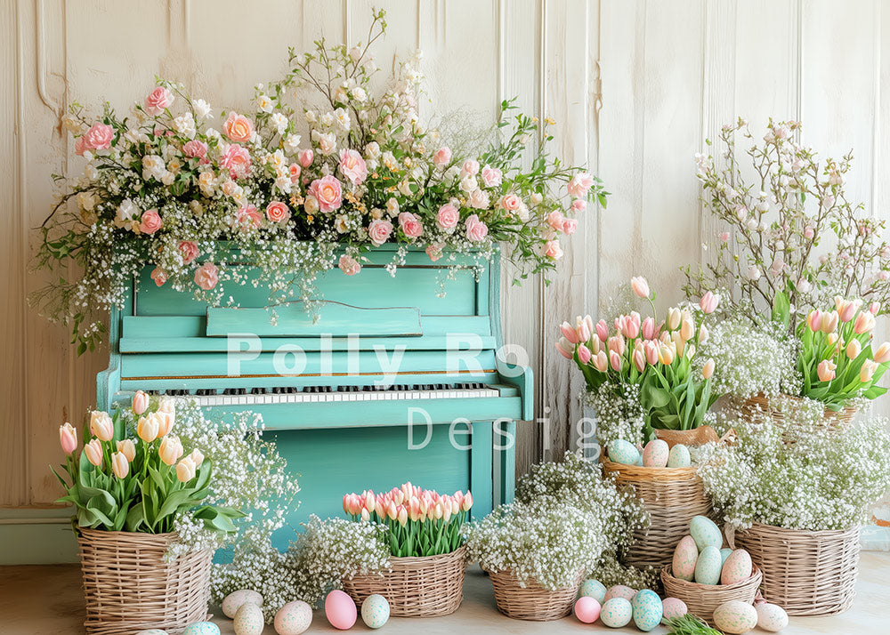 Avezano Easter Eggs Teal Piano And Beautiful Bright Flowers Photography Backdrop Designed By Polly Ro Design