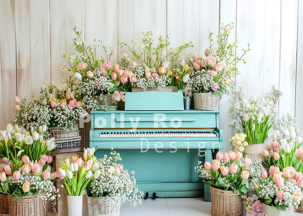 Avezano Easter Eggs Teal Piano And Beautiful Bright Flowers Photography Backdrop Designed By Polly Ro Design