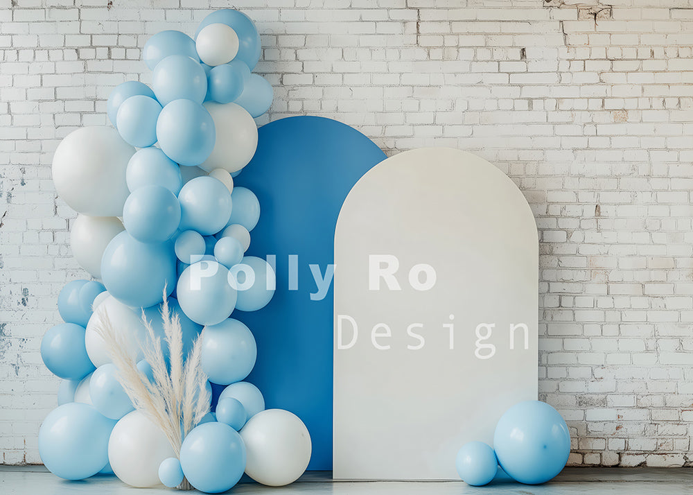 Avezano White And Blue Arch And Balloons Photography Backdrop Designed By Polly Ro Design