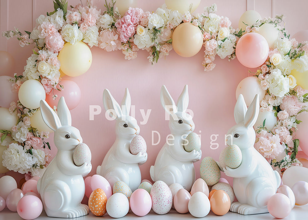 Avezano Easter Cute Little Bunny Holding Eggs And Beautiful Wreath Pink Photography Backdrop Designed By Polly Ro Design