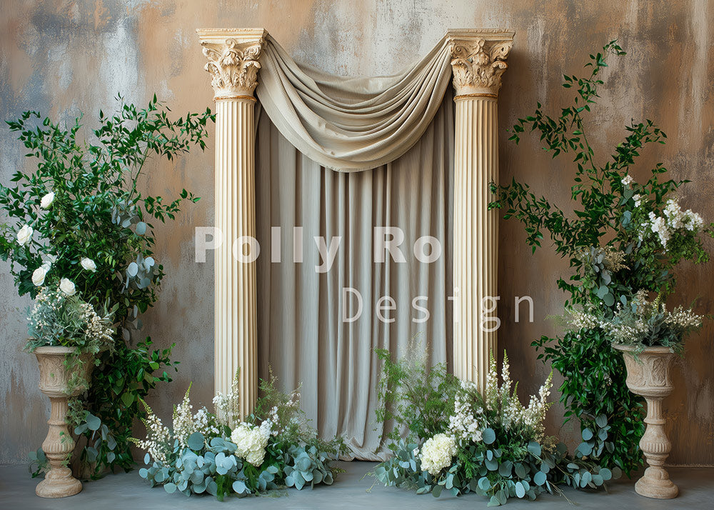 Avezano Roman Curtains and Green Plants Photography Backdrop Designed By Polly Ro Design