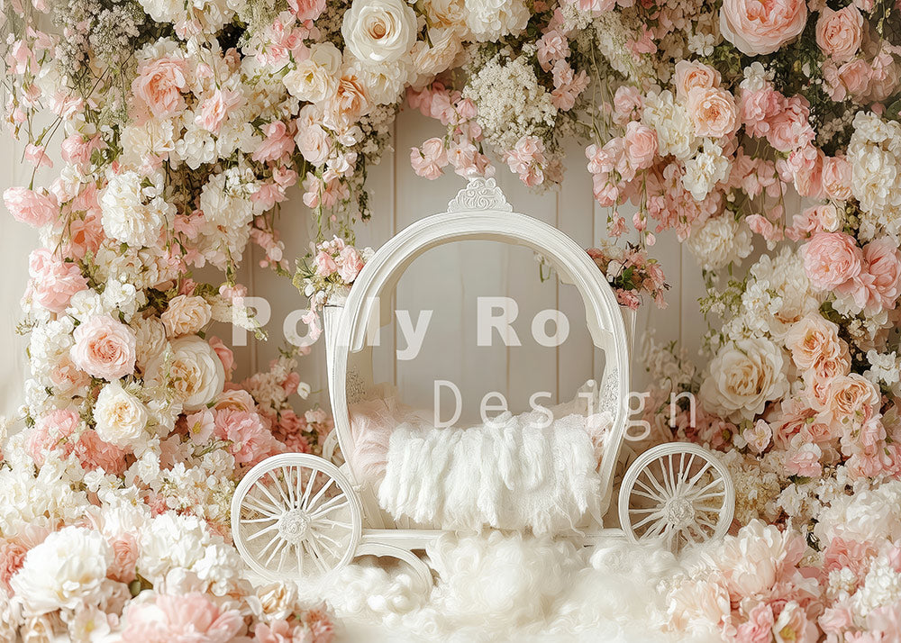 Avezano White Carriage And Colorful Flowers Photography Backdrop Designed By Polly Ro Design