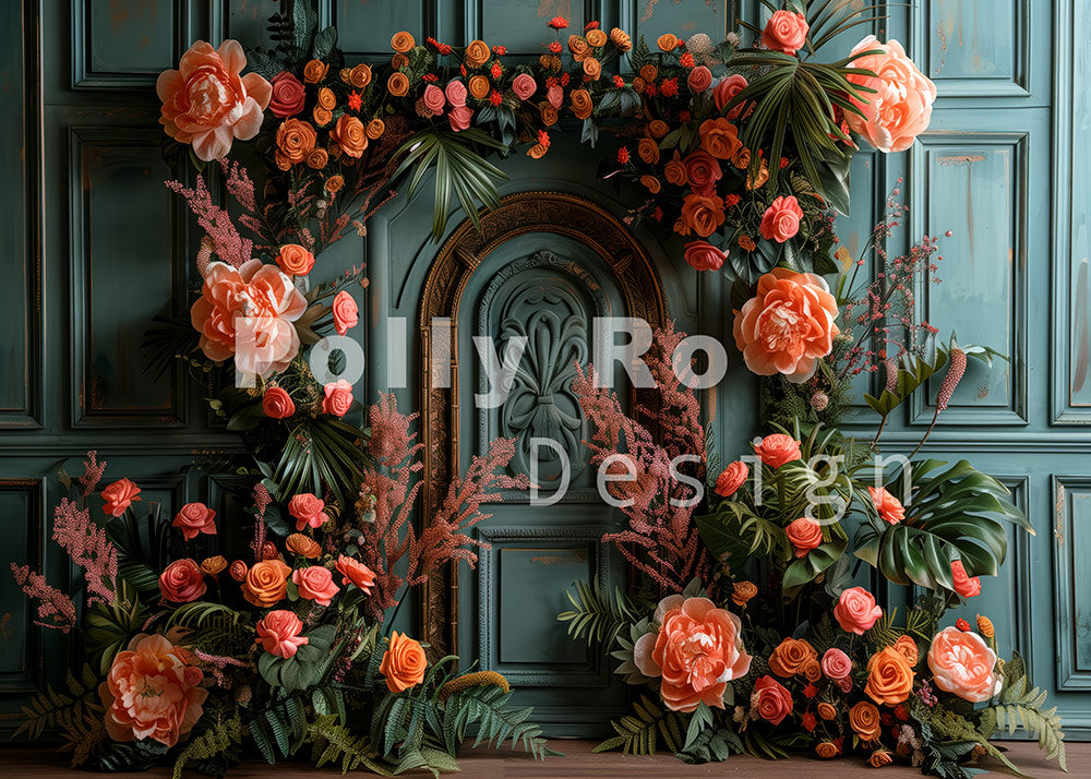 Avezano Boho Interior Colorful Bright Flowers Dark Blue Photography Backdrop Designed By Polly Ro Design