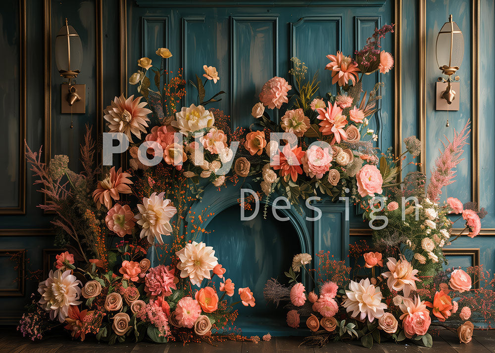 Avezano Boho Interior Colorful Bright Flowers Gold and Dark Blue Photography Backdrop Designed By Polly Ro Design