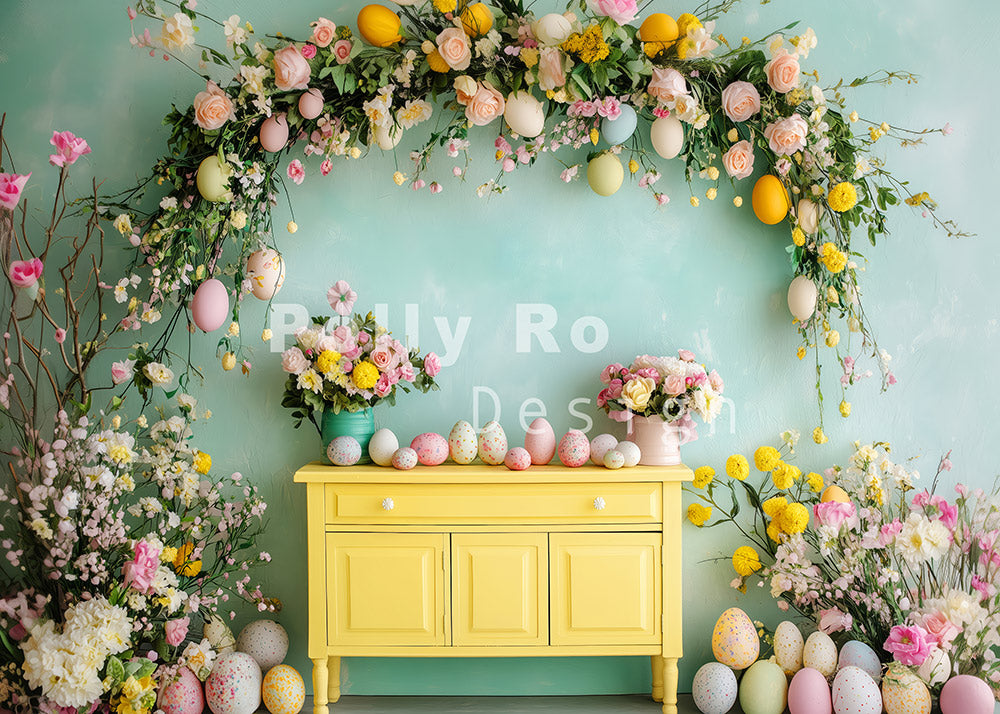 Avezano Yellow Cabinet and Flowers Photography Backdrop Designed By Polly Ro Design