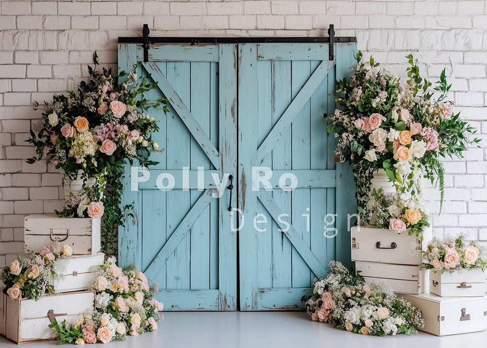 Avezano Blue Wooden Door and Flowers Photography Backdrop Designed By Polly Ro Design