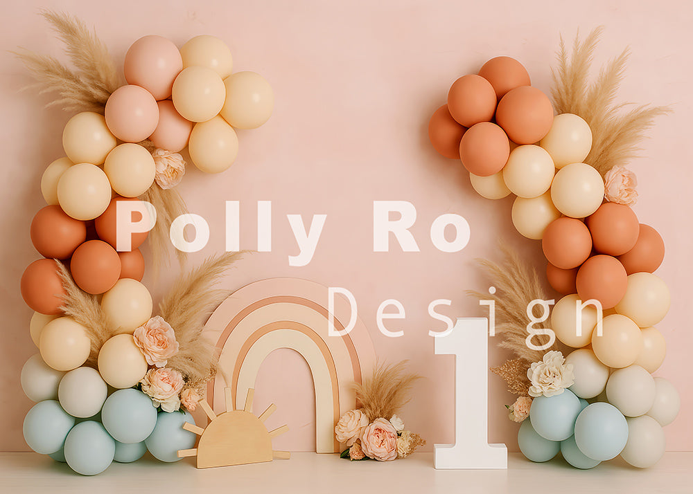 Avezano Bohemian Hay and Balloon Arch First Birthday Party Photography Backdrop Designed By Polly Ro Design