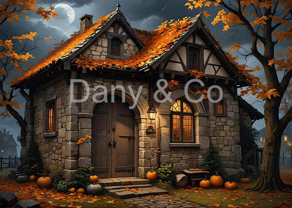 Avezano Autumn Stone Cottage and Maple Leaf Backdrop Designed By Danyelle Pinnington