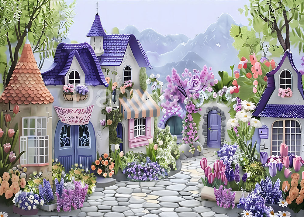 Avezano Fairy-Tale Town Street Scene Purple Backdrop Designed By Danyelle Pinnington