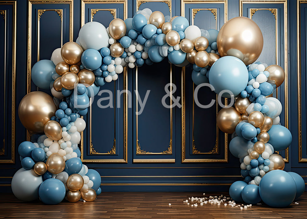 Avezano Blue Walls and Golden Carved Balloon Arches Backdrop Designed By Danyelle Pinnington
