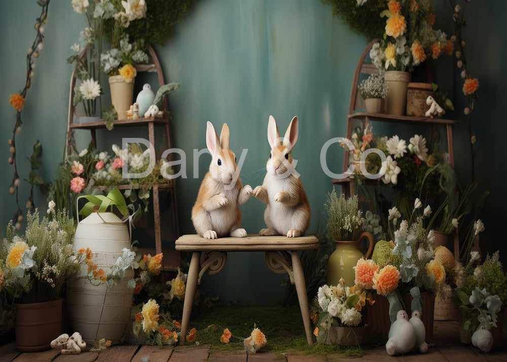 Avezano Rabbit Sat on a Wooden Stool at Easter Backdrop Designed By Danyelle Pinnington