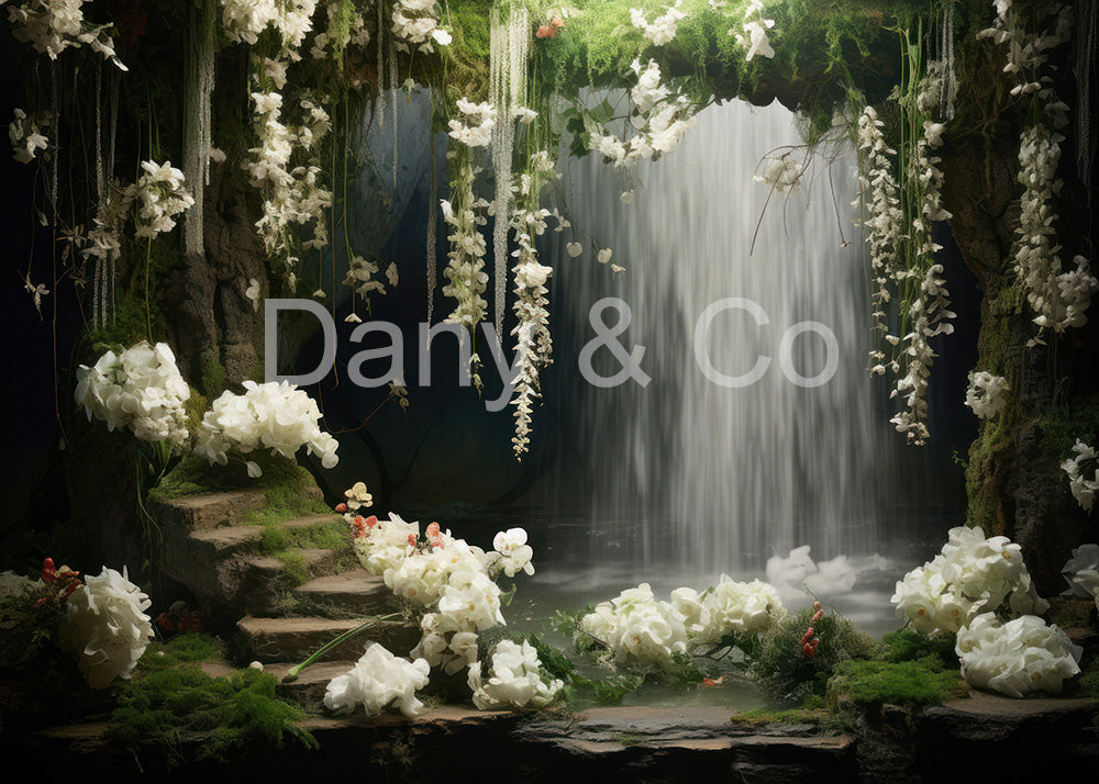 Avezano Waterfalls and White Flowers Backdrop Designed By Danyelle Pinnington