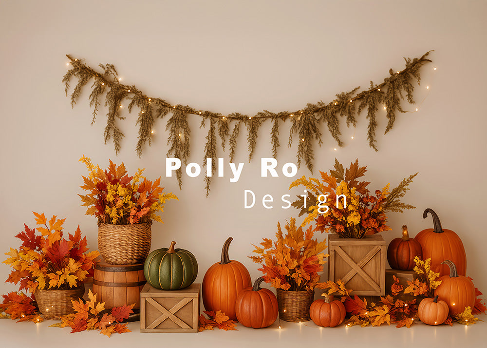 Avezano Pumpkins and Maple Leaves in Autumn Photography Backdrop By Polly Ro Design