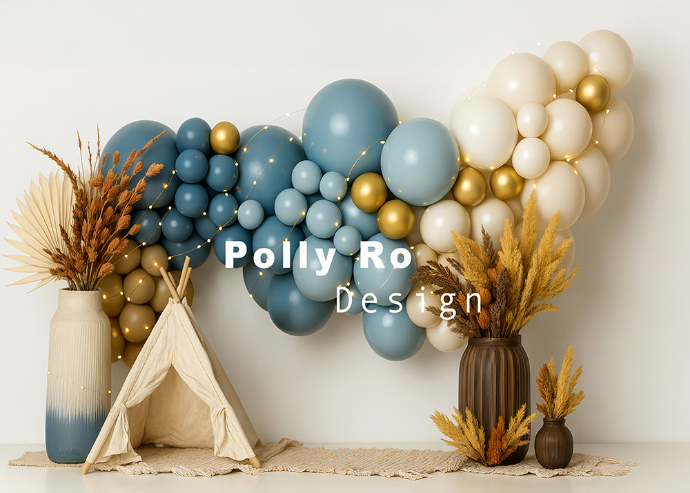 Avezano White Gold Balloons and Dried Flowers Photography Backdrop Designed By Polly Ro Design