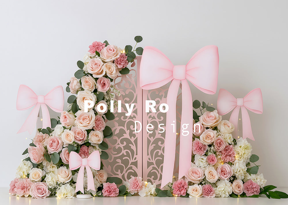 Avezano Pink Floral Bow Photography Backdrop Designed By Polly Ro Design