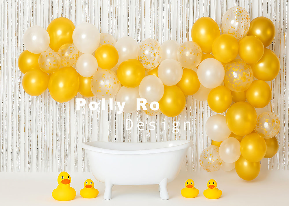 Avezano Summer Gold and White Balloon with Rubber Ducks Photography Backdrop Designed By Polly Ro Design